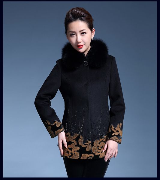 

Winter new middle-aged women's fox fur collar mother's woolen coat, Black yellow