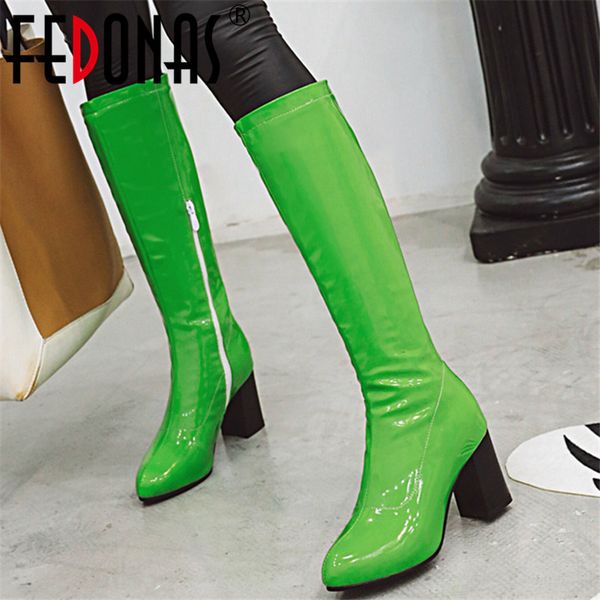 

fedonas fashion solid pu leather women knee high boots zipper high heels night club shoes woman new warm big size riding boots, Black