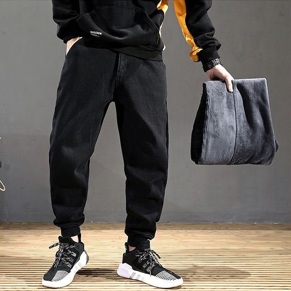 

men black color fashion winter warm jeans loose fit thick fleece pants patch design streetwear hip hop velvet jogger jeans homme, Blue