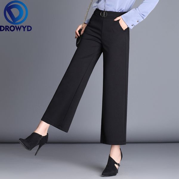 

casual high waist black calf-length pants women summer new loose ladies office trousers pocket solod korean thin wide leg pants, Black;white