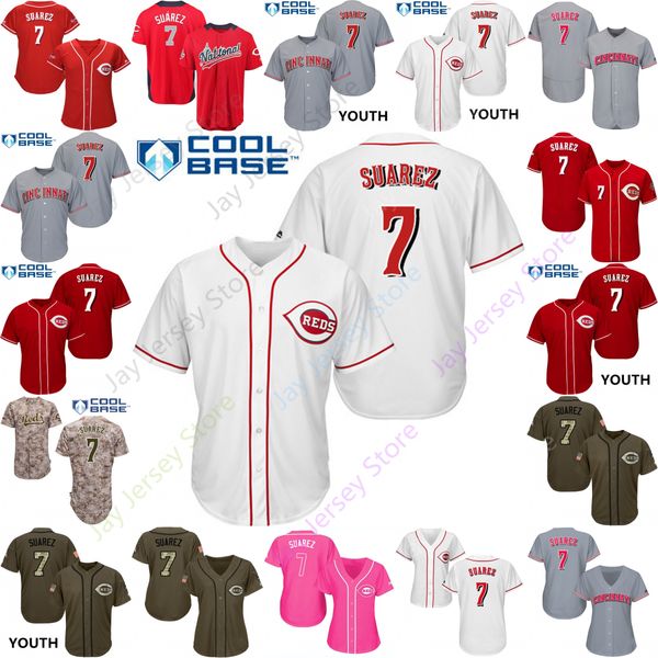 

2019 Cincinnati 7 Eugenio Suarez Jersey Reds Jerseys Cool Base Flexbase Home Away White Black Red Grey Pullover Button Men Women Youth