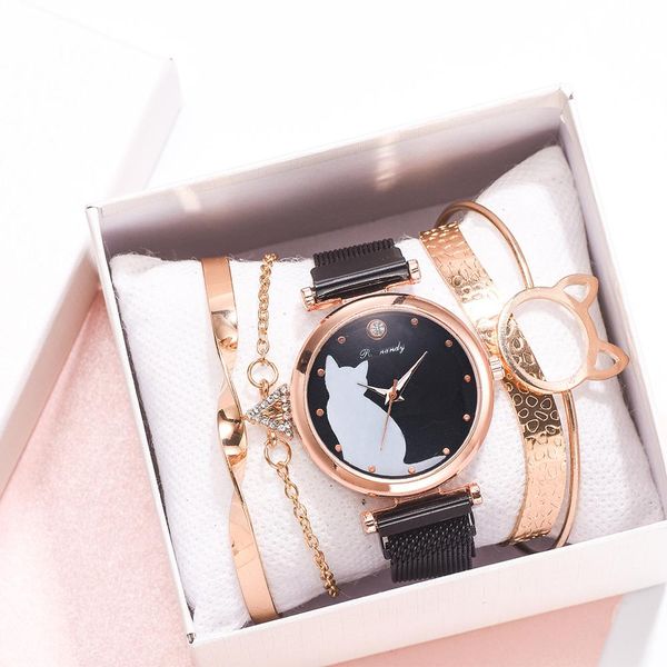 

5pcs/set women watches rose gold bracelet set cat pattern black magnet watch ladies bracelet wrist watches luxury quartz clock, Slivery;brown