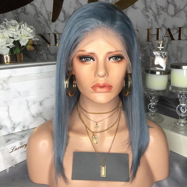 

blue color lace front wigs with baby hair brazilian short bob human hair wigs grey blue wigs for black women