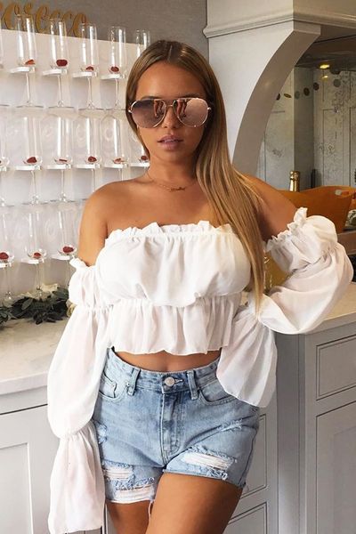 

women chiffon off shoulder casual crop blouse shirts summer t-shirt tee romantic chiffon shirt blouseb, Gray