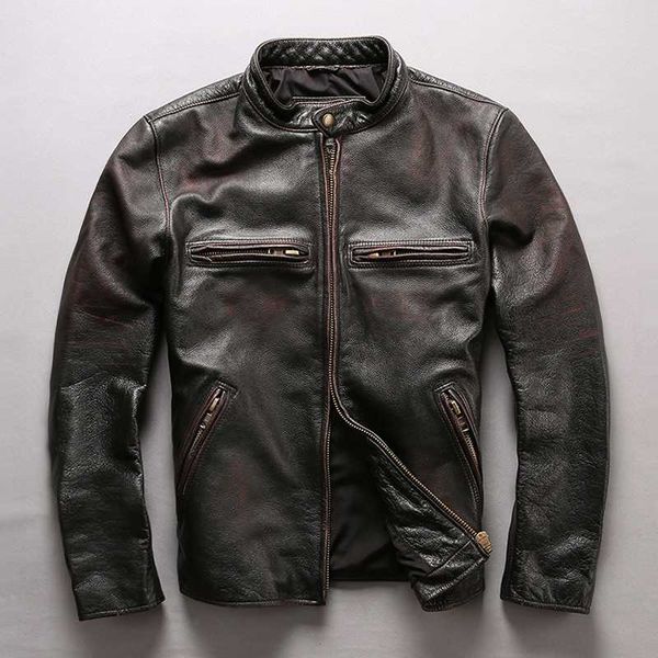 

style new amekaji arrivals men's vintage genuine double colar cow leather coat men casual jacket for male, Black