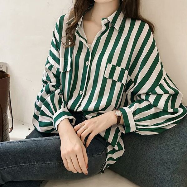 

women casual shirts plus size lapel loose striped long-sleeved loose female shirt, White