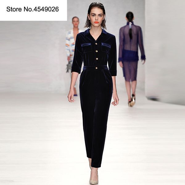 

2019 new spring women office lady fashion jumpsuit coveralls casual female dark blue v-neck velvet bodycon pocket jumpsuits k268, Black;white