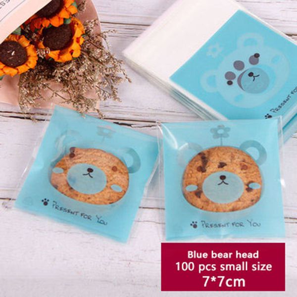 

100pcs cookies self adhesive soap biscuits package bag blue bottom transparent bear head cartoon wedding birthday party gift bag
