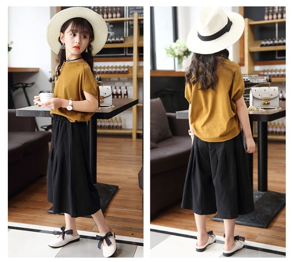 

children's clothing 2020 summer new girl suit short-sleeved middle-aged children's bat sleeve wide-leg pants two-piece suit, White
