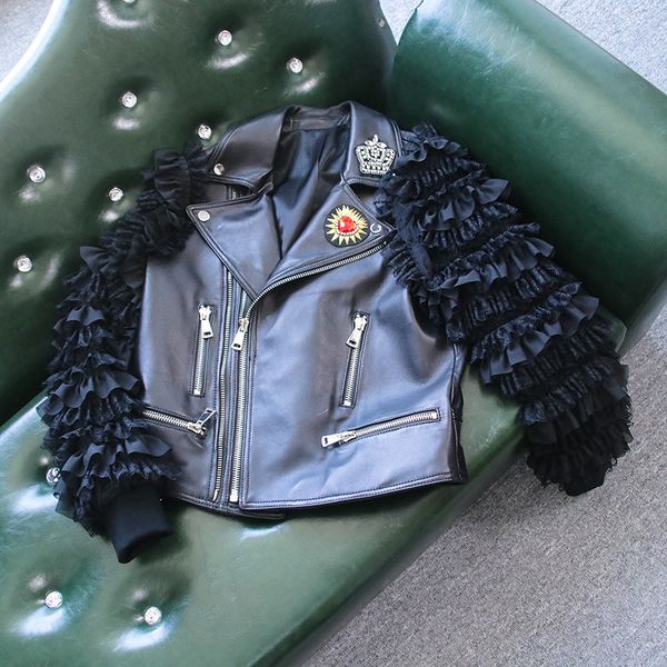 

new real 100% leather star of big shop sign as products of leather ms locomotive sheepskin coat sleeve the cake, Black