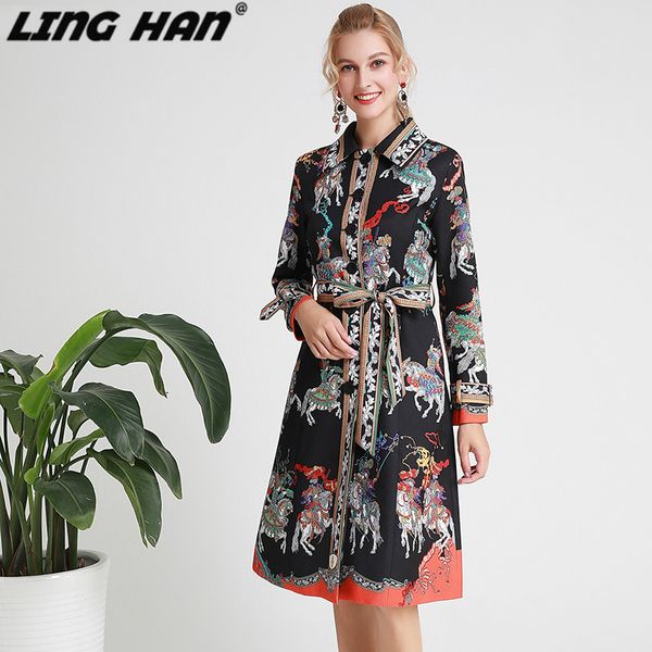 

ling han fashion designer windbreaker overcoat autumn winter women long sleeve lace up single-breasted black print overcoat, Tan;black