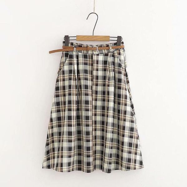 

skirts plaid skirt summer women england retro high-waisted knee-length pocket a-line belt included, Black