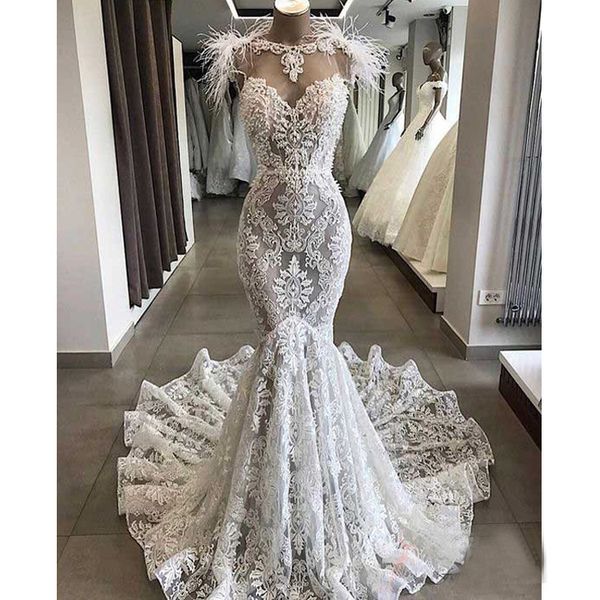 Abiti da sposa a sirena slim Illusion Full Lace Sheer Jewel Neck vestido de noiva Abiti da sposa senza maniche in pelliccia Sweep Train Abito da sposa