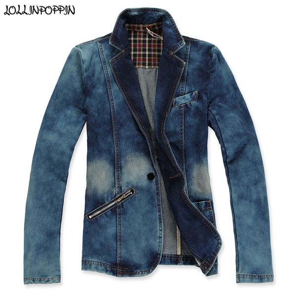 

men retro denim blazer notched lapel bleached jean jacket zippered pocket mens single button blue jean blazers casual, White;black
