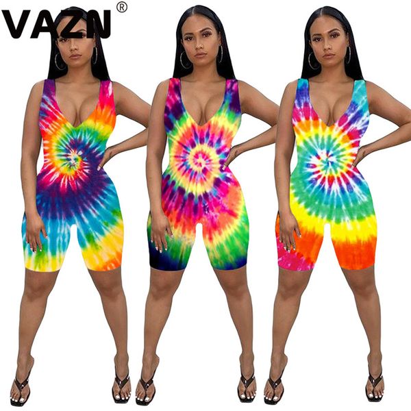 

vazn casual 2020 lady colorful 3 colors print mid jumpsuit o-neck waistcoat skinny playsuit young girl like playsuits, Black;white