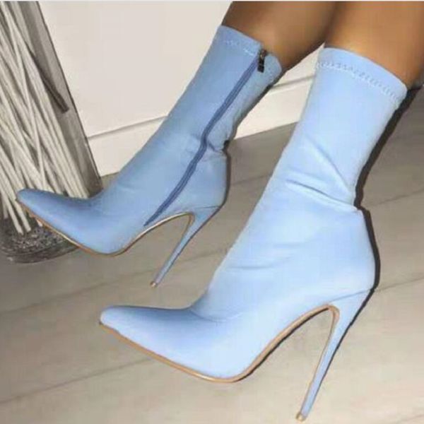 

shoes women autumn winter stretch fabric sock boots high heels pointed toe ladies mid calf boots botas mujer chaussures, Black