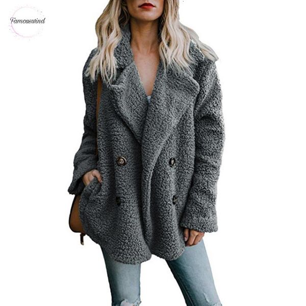 

2019 solid coat women autumn wide lapel loose casual female outwear regular jumper ladies loose blend coat faux fur ladies, Black