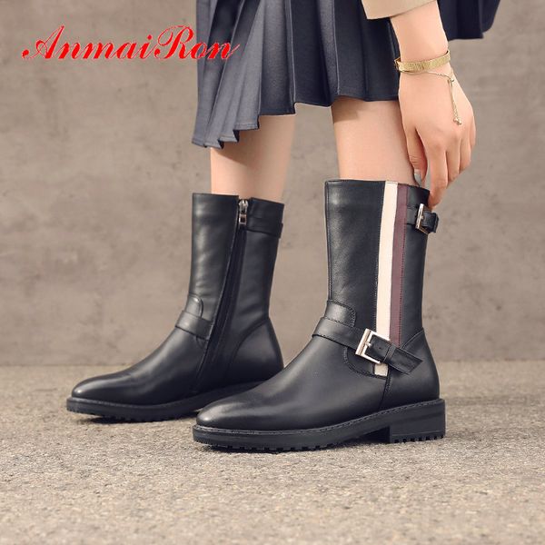

anmairon 2019 luxury shoes women designers genuine leather ankle boots for women slip-on round toe square heel boots 34-42, Black