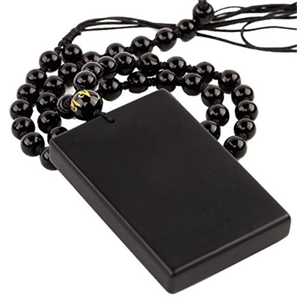 

5pcs/lot natural obsidian square without words pendant wek-jin women men's amulet lucky jades jewelry pendants+beads necklace, Silver