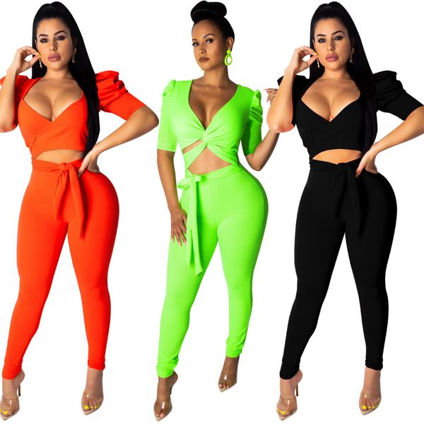 

fashion deep v belt two piece set and pants solid green orange black euopean women set clubwear, White