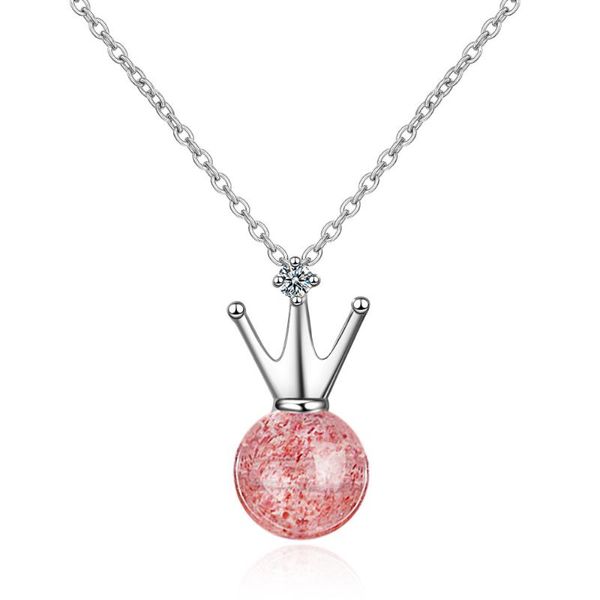 

100% 925 sterling silver trendy natural pink crystal crown ladies pendant necklaces jewelry women short choker chains gift girls