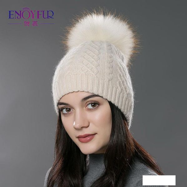 

enjoyfur winter fur pompom hat for women cashmere wool cotton hat big real raccoon fur pompom beanies cap bobble, Blue;gray