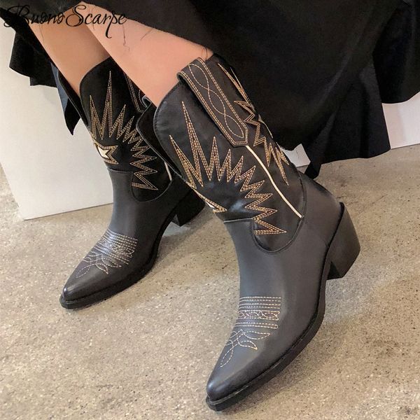 

buono scarpe embroider women boots med heels retro knight boots female genuine leather botas mujer western cowboy sale boots2019 t200425, Black