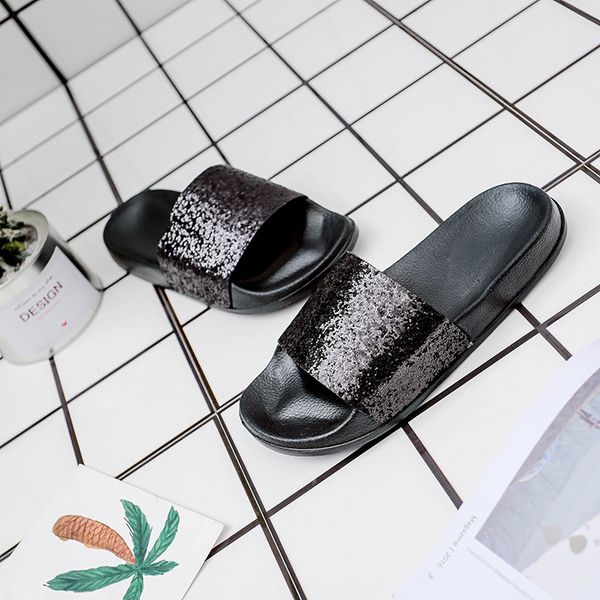 

womens glitter slippers shiny thick bottom slippers solid pu sandals antiskid beach moccasins colorful zapatillas z5, Black