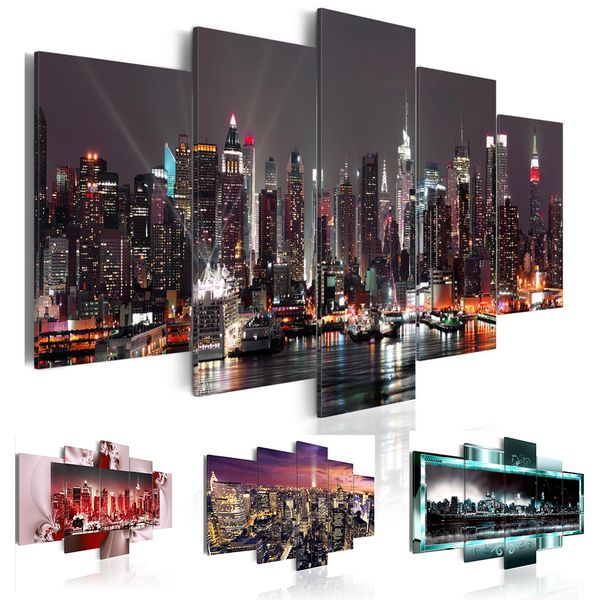 

5 pcs hd beautiful city building canvas print painting wall art picture gift,home decoration painting for living room( no frame )