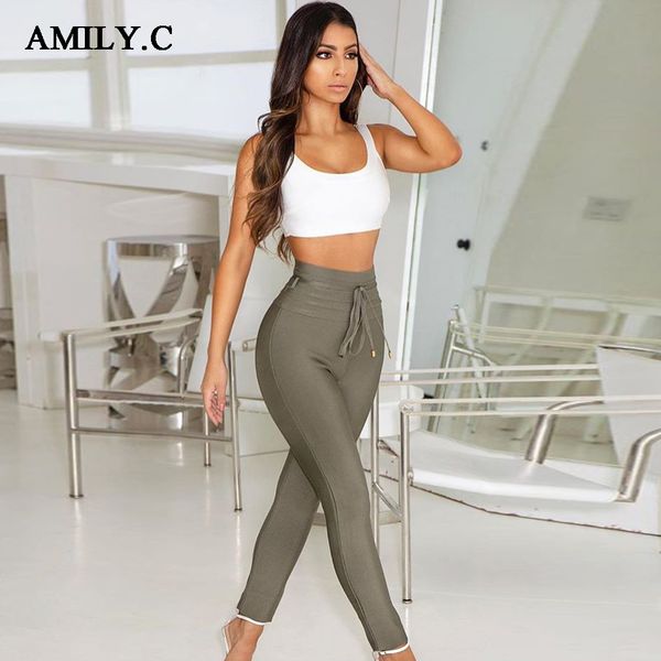 

amily.c 2019 new fashion solid color women's bodycon skinny pencil trousers zipper tie high waist trousers wholesale, Black;white
