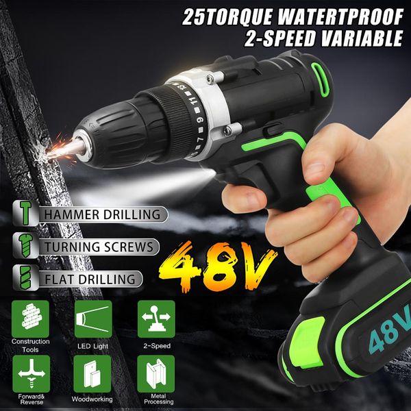 

48v rechargeable li-ion battery cordless electric drill wrench double speed adjustment led carpentering tools power tools