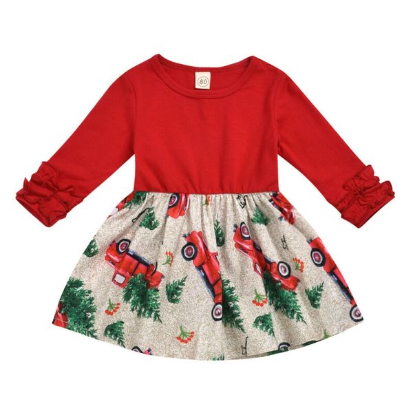

new 2020 christmas kids baby girl ruffle car print tutu high waist dress xmas long sleeve clothes, Red;yellow