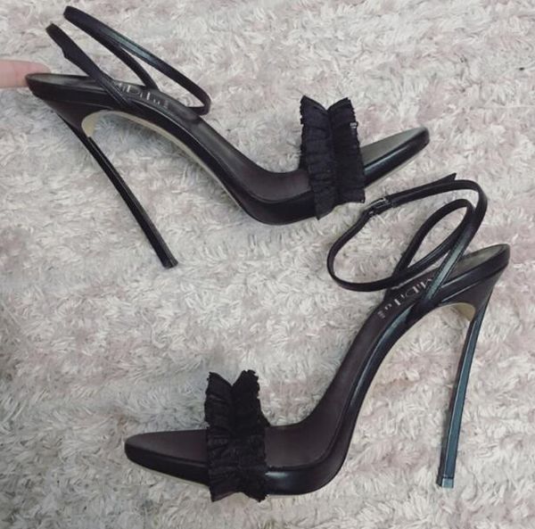 

luxury women ankle-wrap high heels shoes lace stiletto open toes sandals genuine leather designer lady party wedding shoes, Black