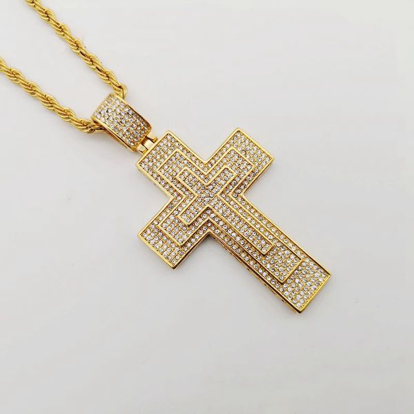 

2019 new bling bling full rhinestone cross pendant necklace luxury gold color stainless steel hip hop rock big cross necklace, Silver