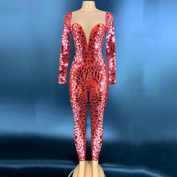 

2020 glitter mirror transparent chest jumpsuit prom party birthday celebrate outfit women bar singer dancer outfit, Black;red