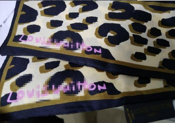 

leopard print scarf 47.2 in ultra length 100% silk handle scarf small ribbon hair woman headband bag, Blue;gray