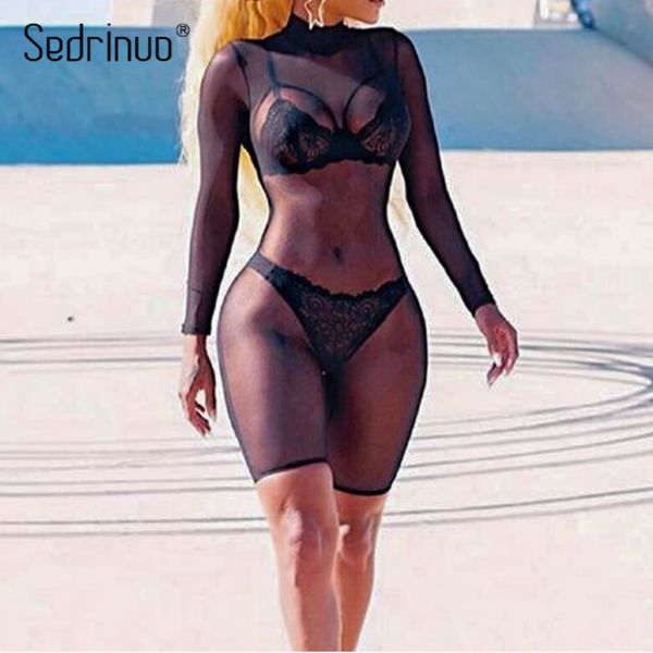 

sedrinuo women jumpsuit romper black mock neck long sleeve back mesh bodycon mid length see though jumpsuits playsuit, Black;white