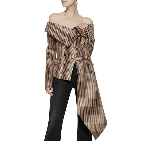 

off shoulder plaid blazer female jacket slash neck long sleeve irregular hem plus size women's coats autumn fashion, White;black
