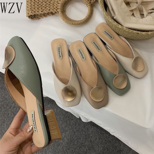 

2020 brand women slippers slip on mules flat heel casual shoes british buckle slides wooden block heels summer footwear h783, Black