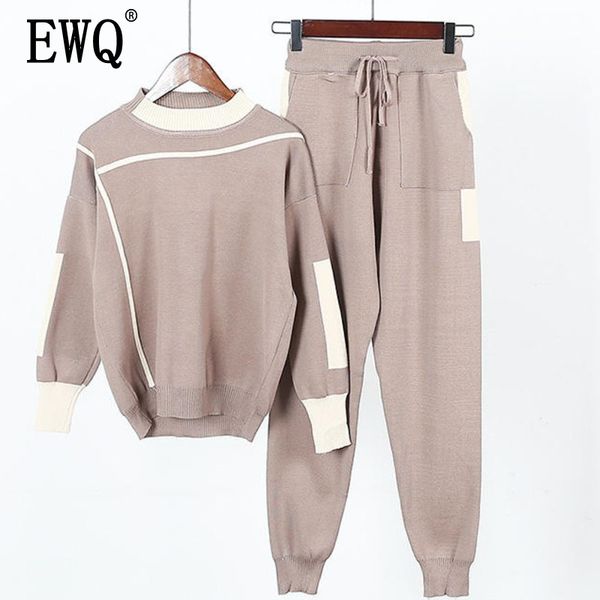 

ewq] new spring winter 2019 long sleeve round collar elastic waist long pants casual large size sportswear suit women qh929, White