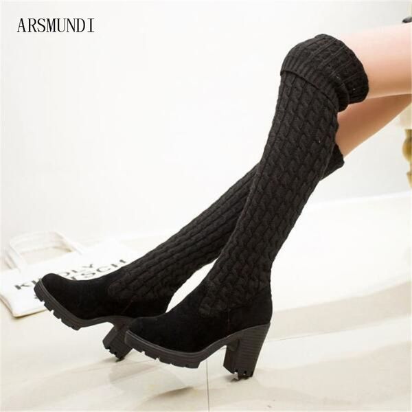 

arsmundi 2019 autumn winter new korean version of the knitting long boots over the knee women's boots suede knitting m377, Black