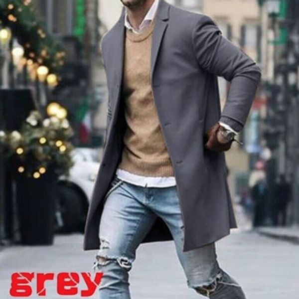 

mens winter trench coat single breasted warm outwear long jacket formal overcoat, Black