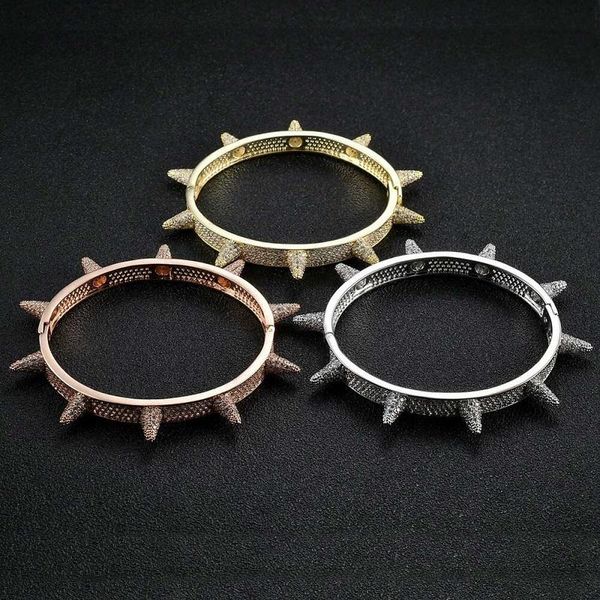 

iced out rivet bangle bracelets for men hip hop gold silver rose gold copper zircons luxury designer diamond bracelet party punk jewelry, Black