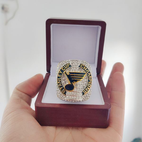 

2019 st louis blues stanley cup championship ring with wooden display box fan men gift wholesale drop shipping, Golden;silver