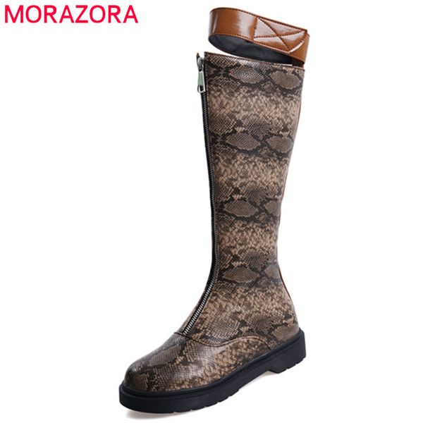 

morazora 2020 new arrival women knee high boots snake round toe cool autumn winter boots comfortable low heels shoes ladies, Black