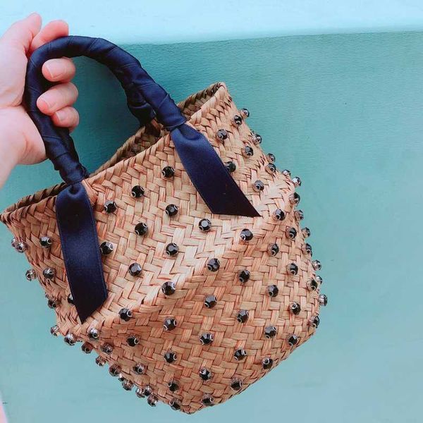 

woven handbags embellished bag woman bag ladies pearl seaweed bucket diamond straw vacation dxoee, Red;black