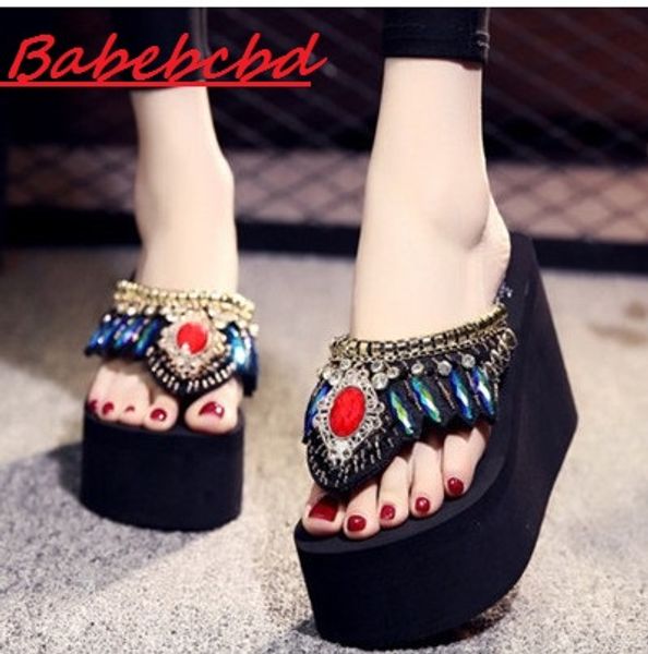 

new summer high heel slippers ladies fashion hand drill flip-flops slippery slope with thick bottom beach slippers, Black