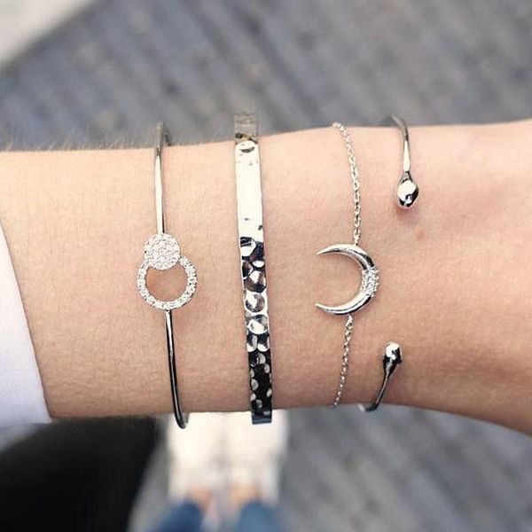 

fashion jewelry simple moon bracelet creative open adjustable point drill circle bangle 3 piece bracelet set, Black