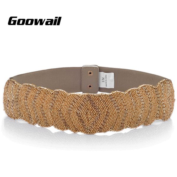 

goowail seed bead flat front stretch fashion womens elastic fine crystal bead wide belts & cummerbunds female vintage luxury, Black;brown