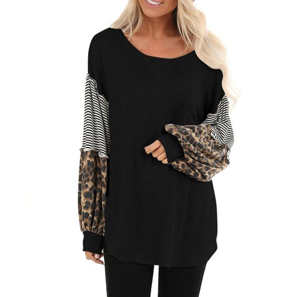 

women leopard print sweatshirts round collar lantern sleeve splicing striped hoodies autumn lady pullovers sudadera mujer, Black